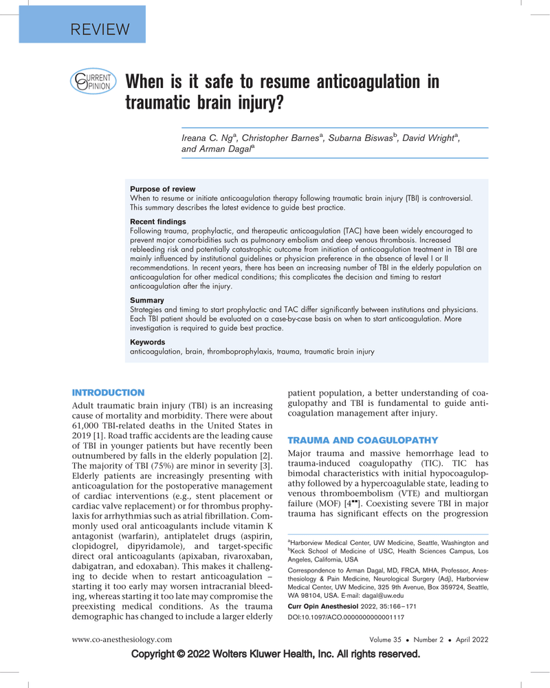WHEN IS IT SAFE TO RESUME ANTICOAGULATION IN TRAUMATIC BRAIN INJURY? cover