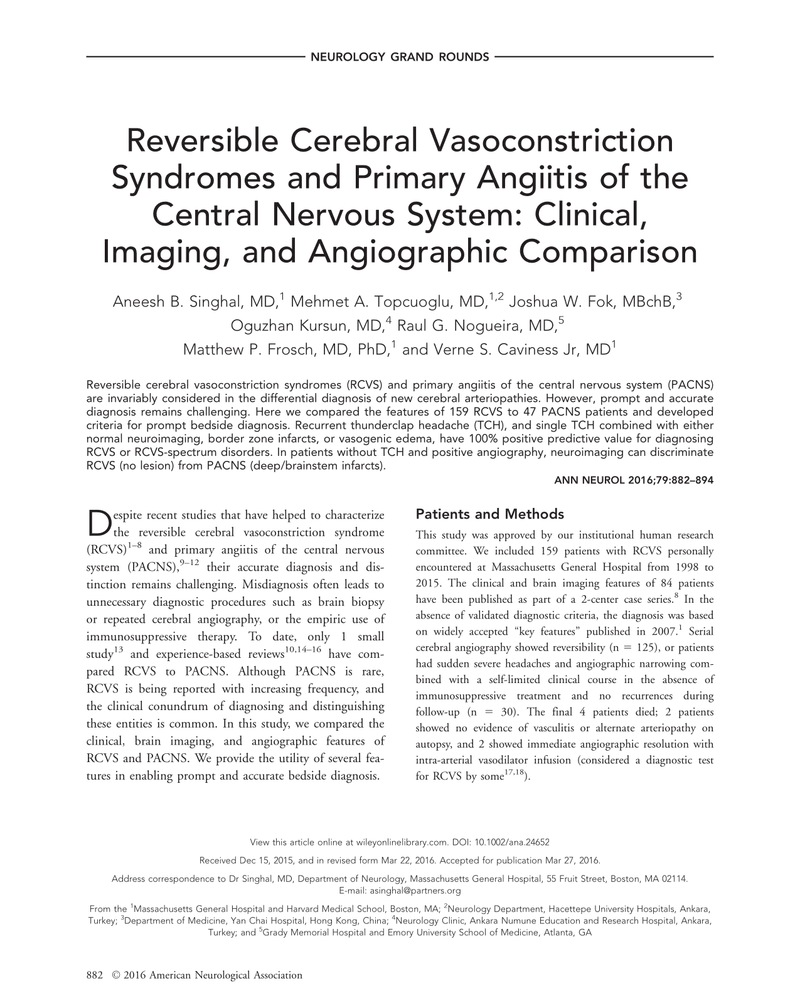 REVERSIBLE CEREBRAL VASOCONSTRICTION SYNDROMES AND PRIMARY ANGIITIS OF THE CENTRAL NERVOUS SYSTEM: CLINICAL, IMAGING, AND ANGIOGRAPHIC COMPARISON cover