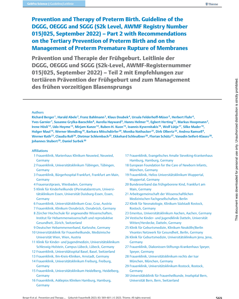PREVENTION AND THERAPY OF PRETERM BIRTH cover