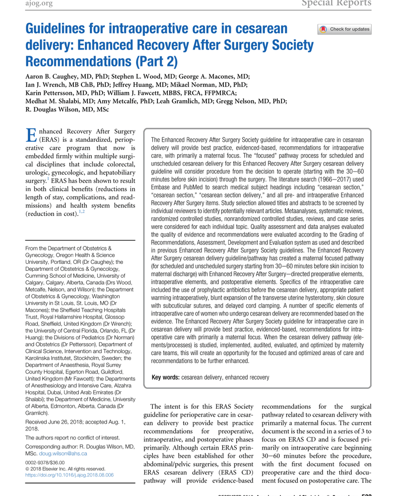 GUIDELINES FOR INTRAOPERATIVE CARE IN CESAREAN DELIVERY: ENHANCED RECOVERY AFTER SURGERY SOCIETY RECOMMENDATIONS (PART 2) cover