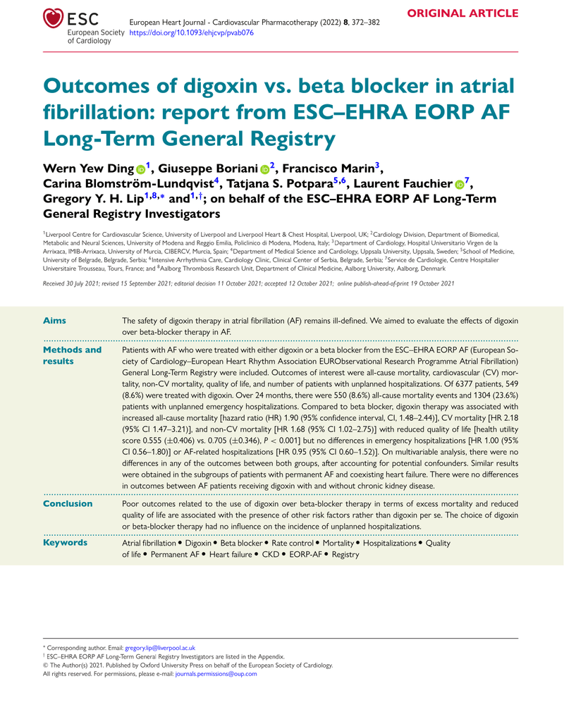 OUTCOMES OF DIGOXIN VS. BETA BLOCKER IN ATRIAL FIBRILLATION: REPORT FROM ESC–EHRA EORP AF LONG-TERM GENERAL REGISTRY cover