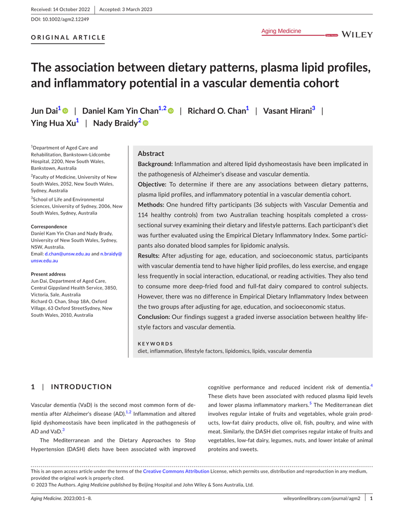 THE ASSOCIATION BETWEEN DIETARY PATTERNS, PLASMA LIPID PROFILES, AND INFLAMMATORY POTENTIAL IN A VASCULAR DEMENTIA COHORT cover