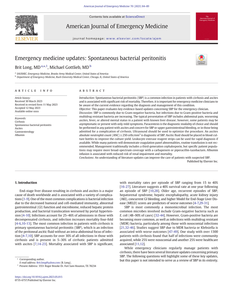 EMERGENCY MEDICINE UPDATES: SPONTANEOUS BACTERIAL PERITONITIS cover