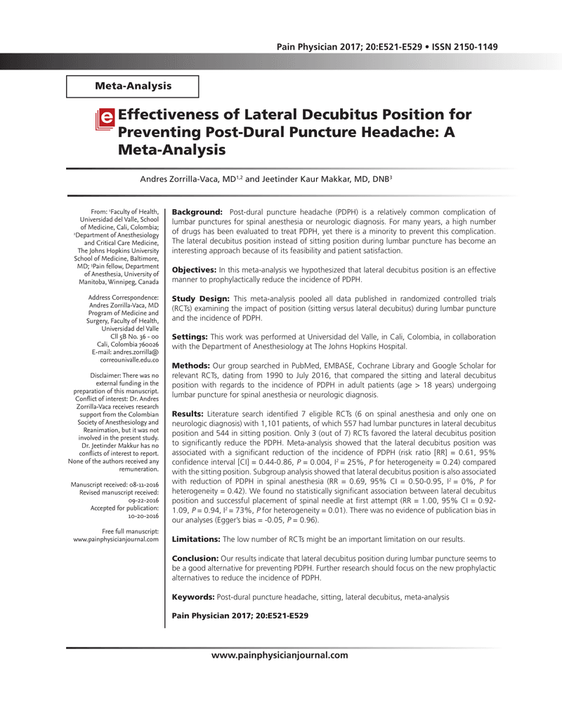 EFFECTIVENESS OF LATERAL DECUBITUS POSITION FOR PREVENTING POST-DURAL PUNCTURE HEADACHE: A META-ANALYSIS cover
