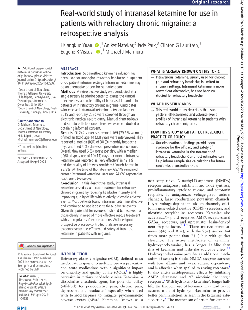 REAL-WORLD STUDY OF INTRANASAL KETAMINE FOR USE IN PATIENTS WITH REFRACTORY CHRONIC MIGRAINE: A RETROSPECTIVE ANALYSIS cover