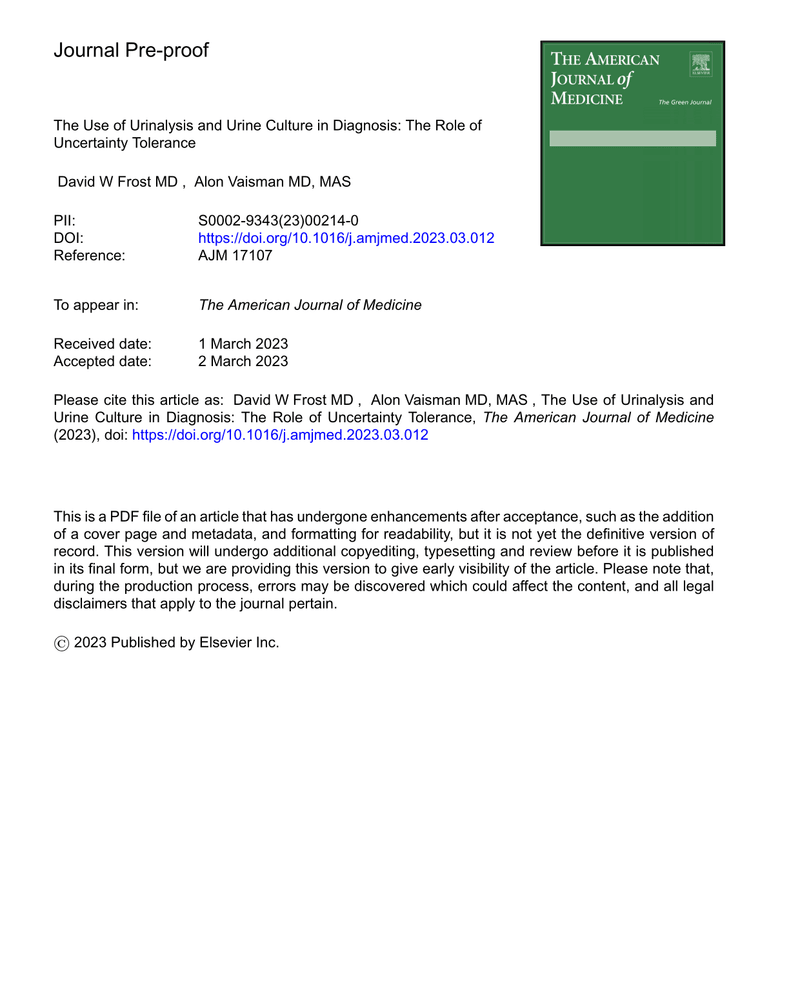 THE USE OF URINALYSIS AND URINE CULTURE IN DIAGNOSIS: THE ROLE OF UNCERTAINTY TOLERANCE cover