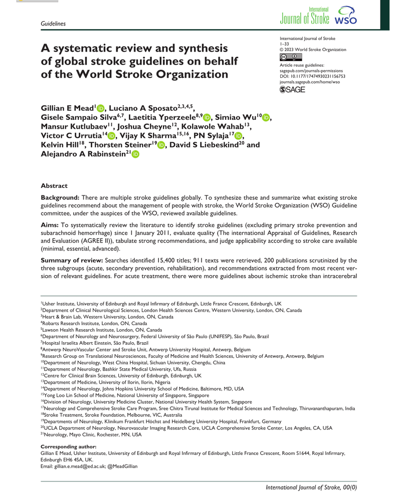 A SYSTEMATIC REVIEW AND SYNTHESIS OF GLOBAL STROKE GUIDELINES ON BEHALF OF THE WORLD STROKE ORGANIZATION cover