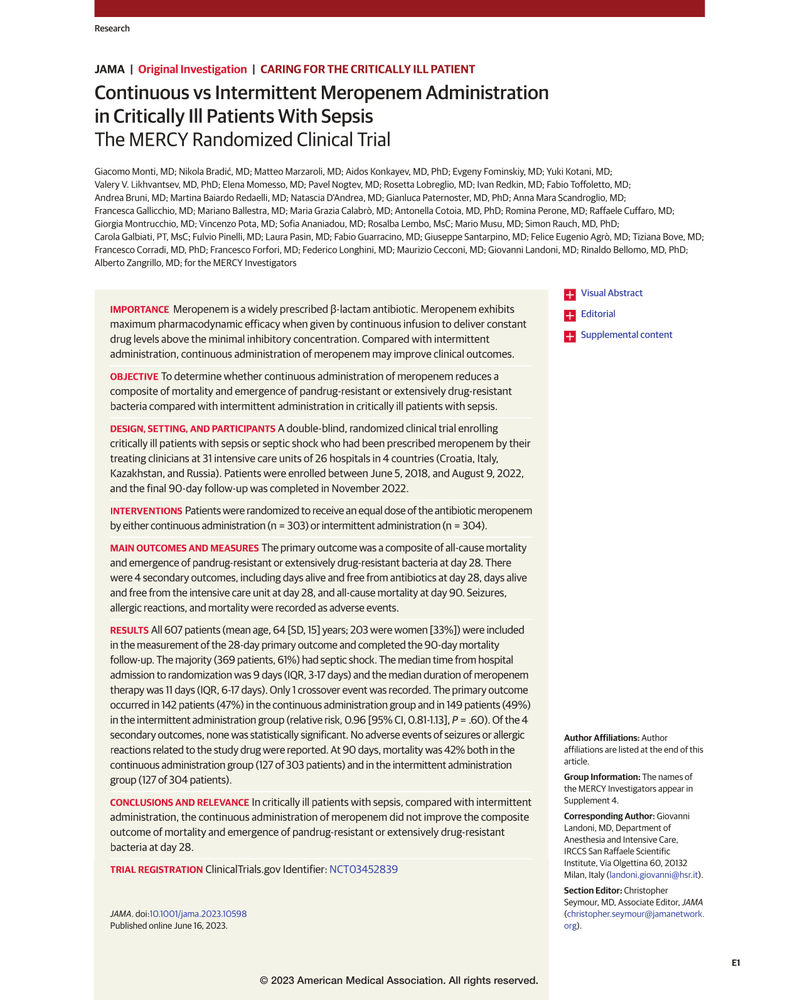CONTINUOUS VS INTERMITTENT MEROPENEM ADMINISTRATION IN CRITICALLY ILL PATIENTS WITH SEPSIS cover