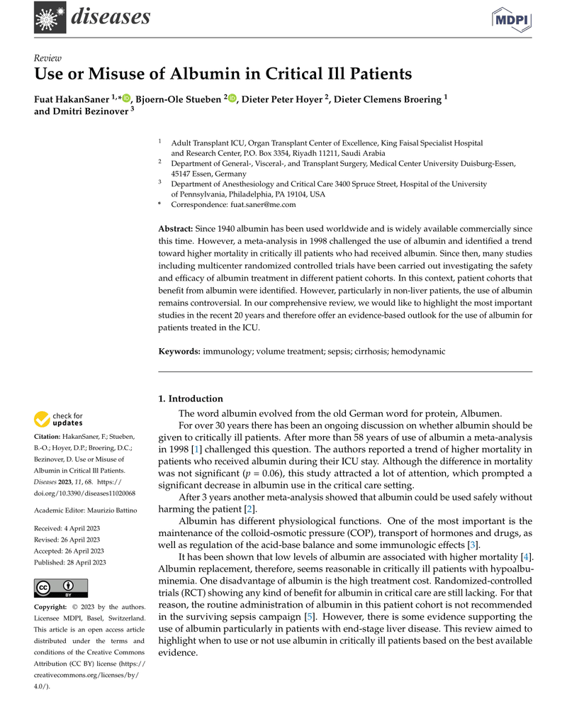 USE OR MISUSE OF ALBUMIN IN CRITICAL ILL PATIENTS cover