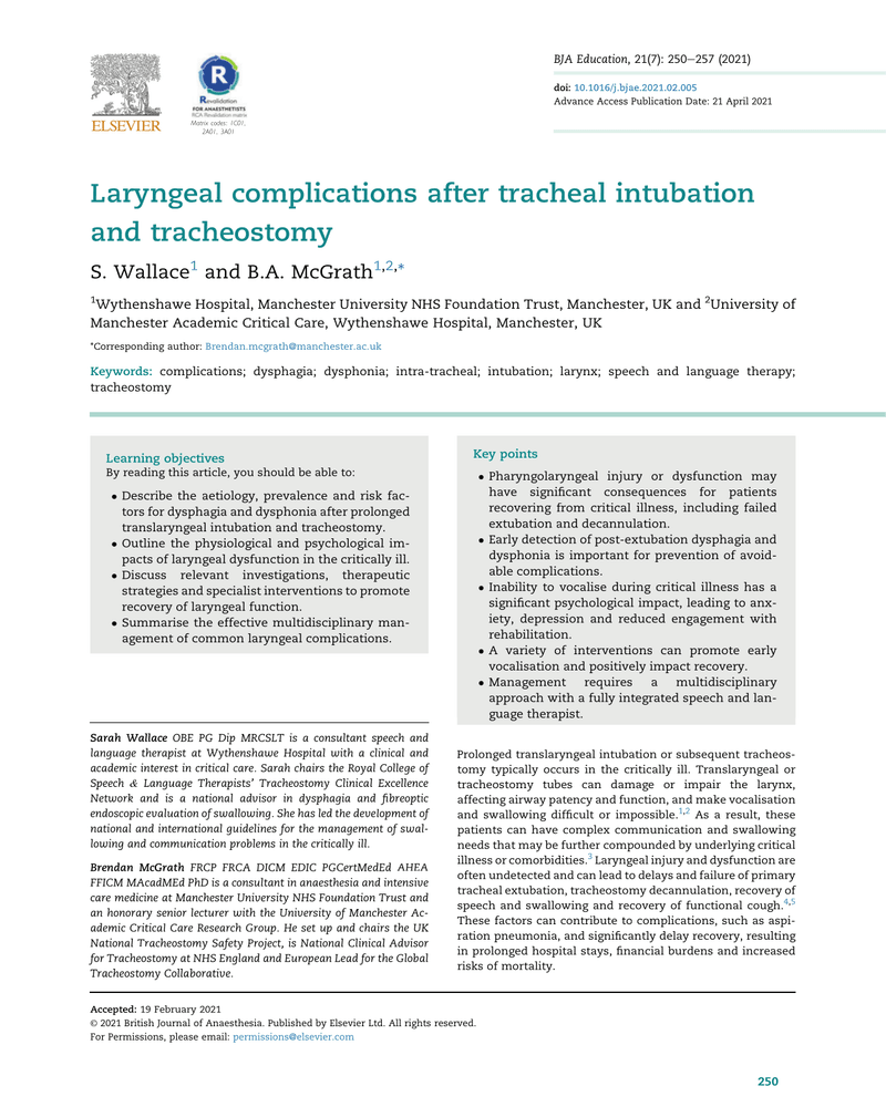 LARYNGEAL COMPLICATIONS AFTER TRACHEAL INTUBATION AND TRACHEOSTOMY cover