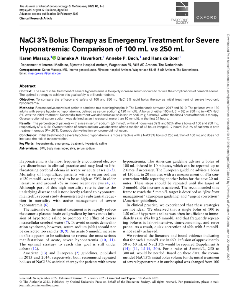 NACL 3% BOLUS THERAPY AS EMERGENCY TREATMENT FOR SEVERE HYPONATREMIA: COMPARISON OF 100 ML VS 250 ML cover