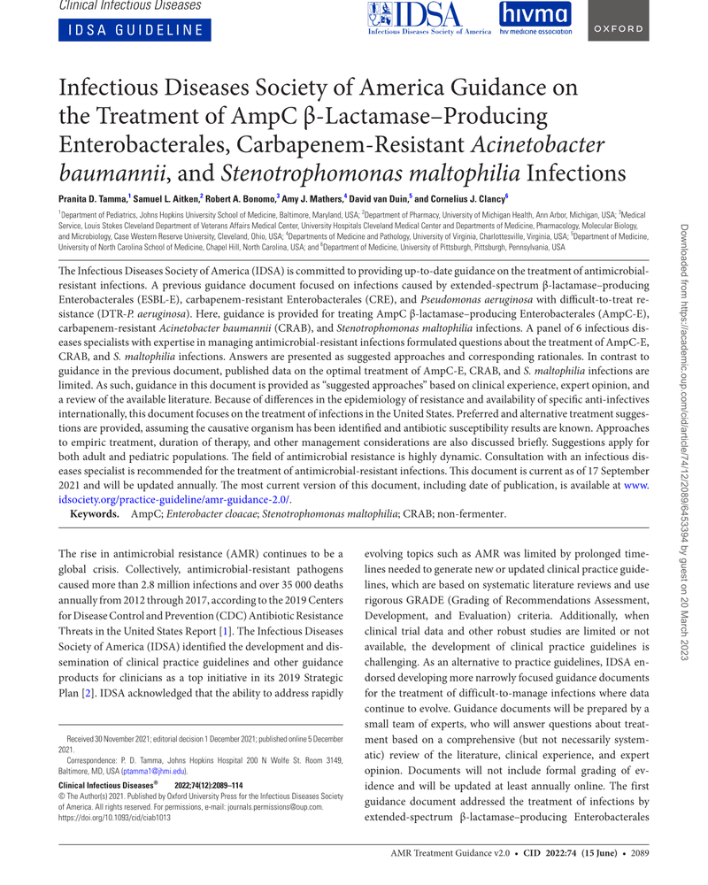 INFECTIOUS DISEASES SOCIETY OF AMERICA GUIDANCE ON THE TREATMENT OF AMPC β-LACTAMASE–PRODUCING ENTEROBACTERALES, CARBAPENEM-RESISTANT ACINETOBACTER BAUMANNII, AND STENOTROPHOMONAS MALTOPHILIA INFECTIONS cover