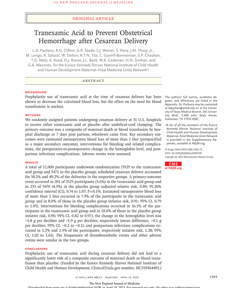 TRANEXAMIC ACID TO PREVENT OBSTETRICAL HEMORRHAGE AFTER CESAREAN DELIVERY cover