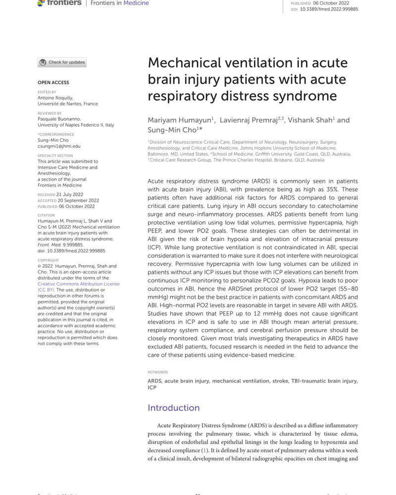 MECHANICAL VENTILATION IN ACUTE BRAIN INJURY PATIENTS WITH ACUTE RESPIRATORY DISTRESS SYNDROME cover