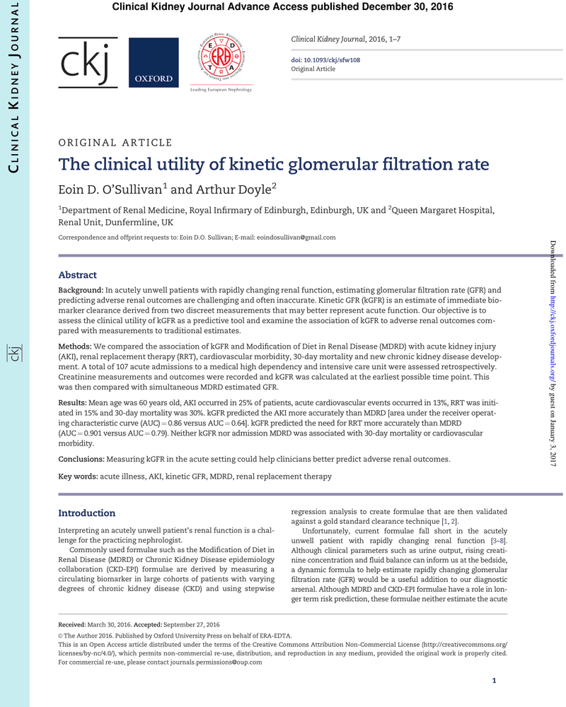 THE CLINICAL UTILITY OF KINETIC GLOMERULAR FILTRATION RATE cover