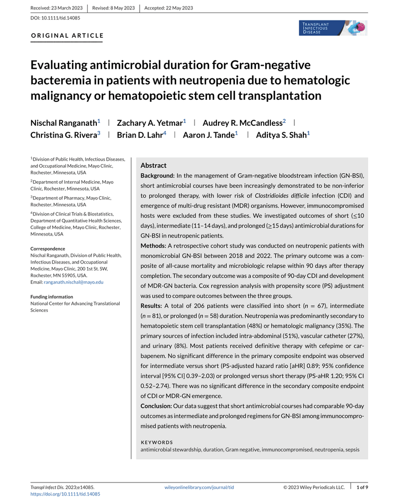 EVALUATING ANTIMICROBIAL DURATION FOR GRAM-NEGATIVE BACTEREMIA IN PATIENTS WITH NEUTROPENIA DUE TO HEMATOLOGIC MALIGNANCY OR HEMATOPOIETIC STEM CELL TRANSPLANTATION cover
