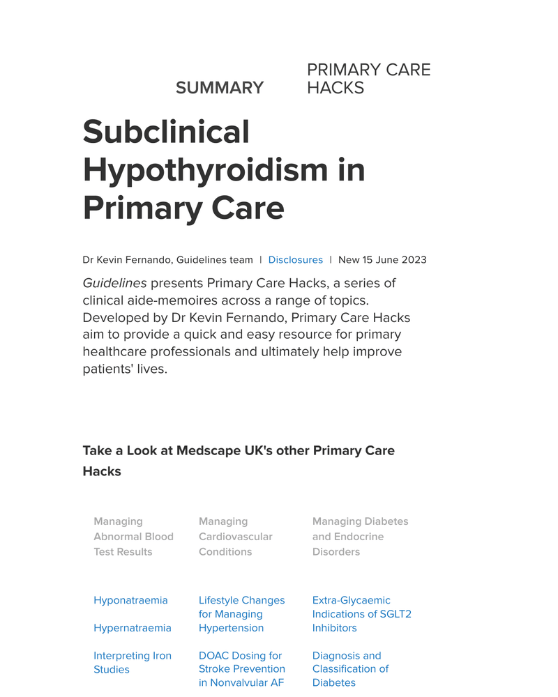 SUBCLINICAL HYPOTHYROIDISM IN PRIMARY CARE cover