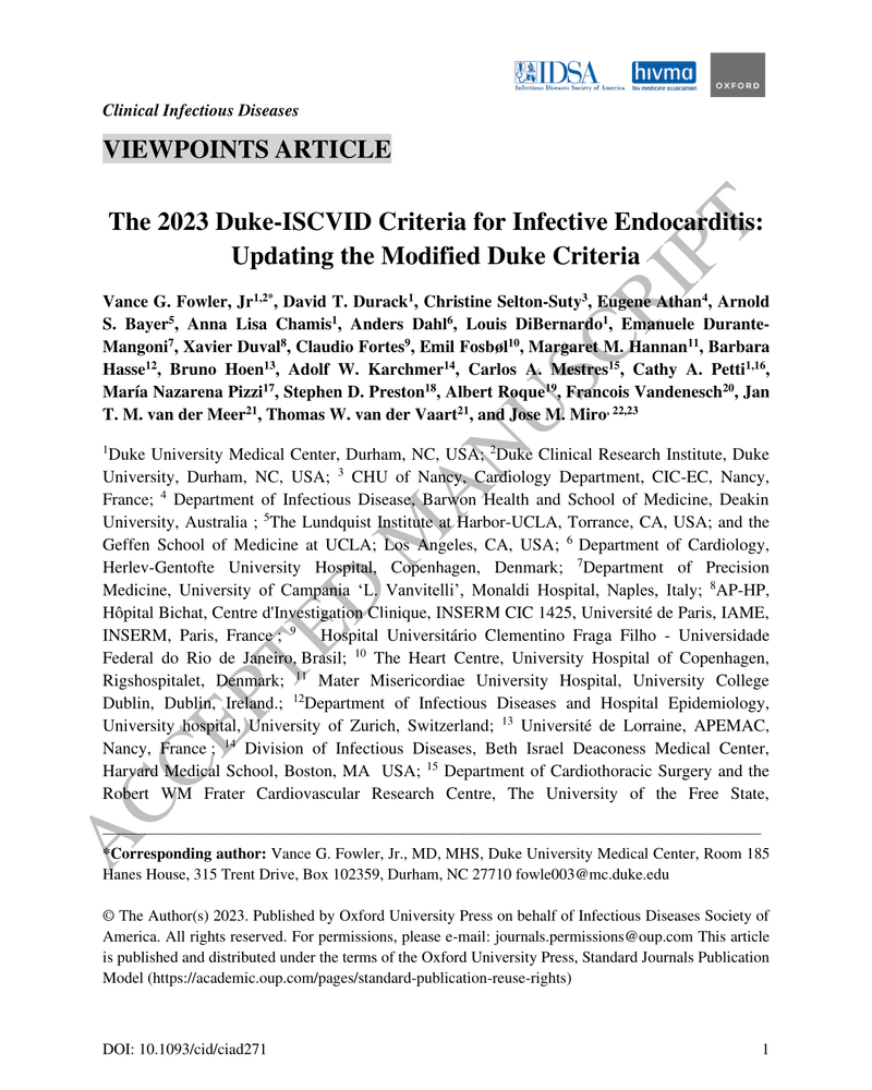 THE 2023 DUKE - ISCVID CRITERIA FOR INFECTIVE ENDOCARDITIS: UPDATING THE MODIFIED DUKE CRITERIA cover