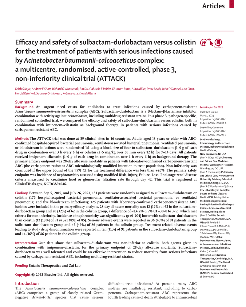EFFICACY AND SAFETY OF SULBACTAM–DURLobactam VERSUS COLISTIN FOR THE TREATMENT OF PATIENTS WITH SERIOUS INFECTIONS CAUSED BY ACINETOBACTER BAUMANNII–CALCOACETICUS COMPLEX: A MULTICENTRE, RANDOMISED, ACTIVE-CONTROLLED, PHASE 3, NON-INFERIORITY CLINICAL cover