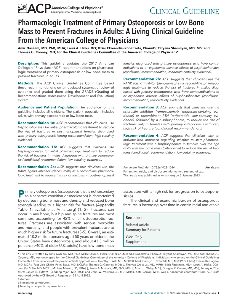 PHARMACOLOGIC TREATMENT OF PRIMARY OSTEOPOROSIS OR LOW BONE MASS TO PREVENT FRACTURES IN ADULTS: A LIVING CLINICAL GUIDELINE FROM THE AMERICAN COLLEGE OF PHYSICIANS cover