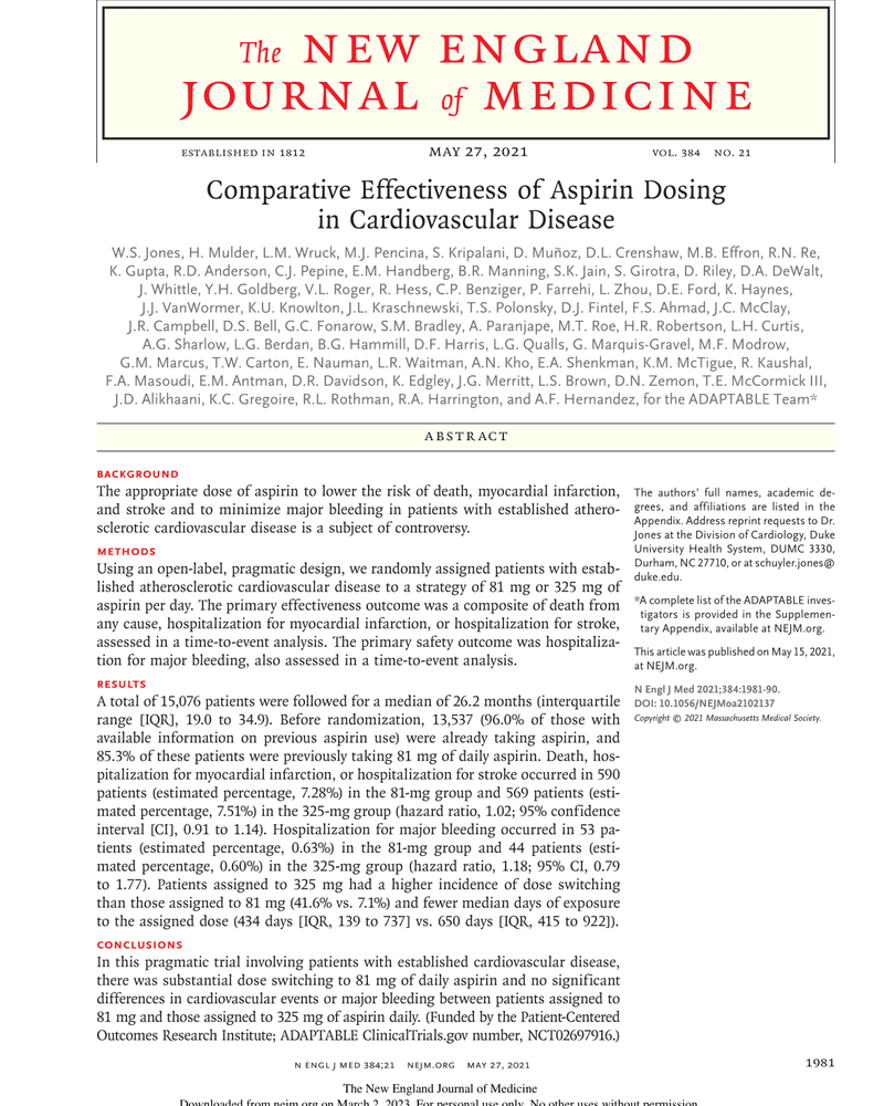 COMPARATIVE EFFECTIVENESS OF ASPIRIN DOSING IN CARDIOVASCULAR DISEASE cover