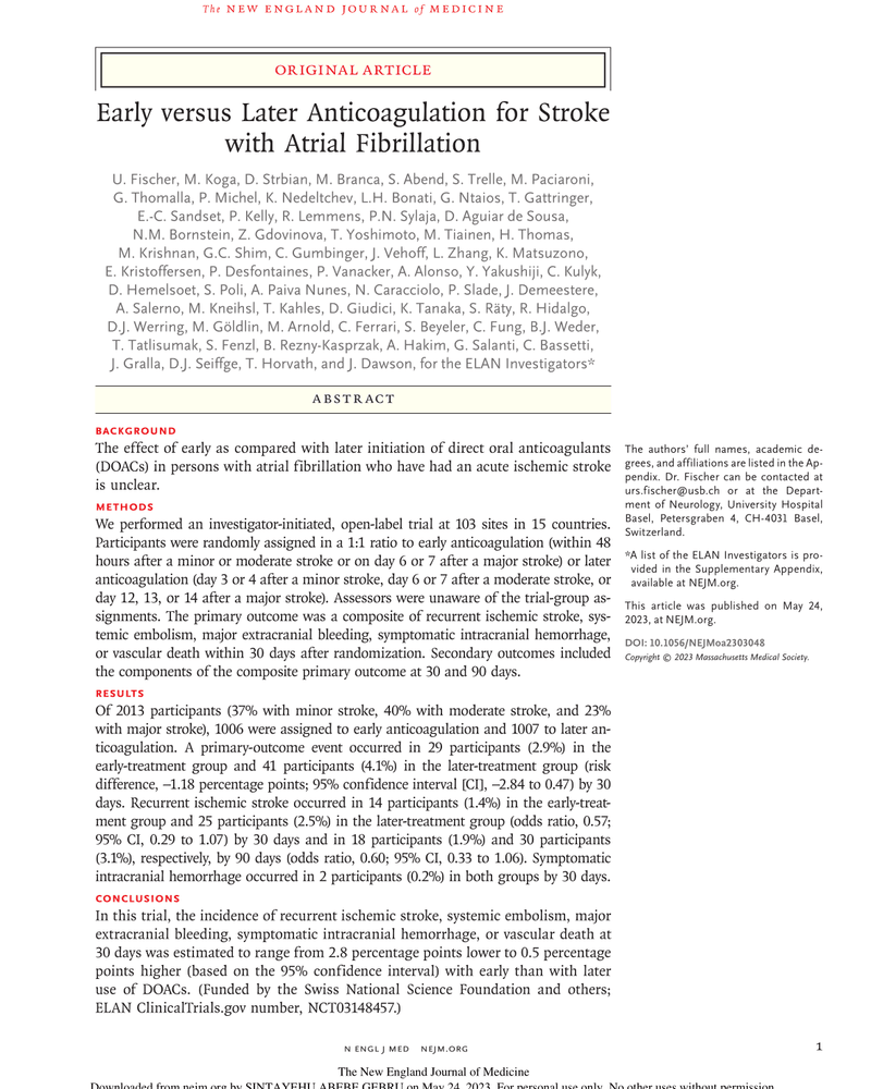 Early versus Later Anticoagulation for Stroke with Atrial Fibrillation cover