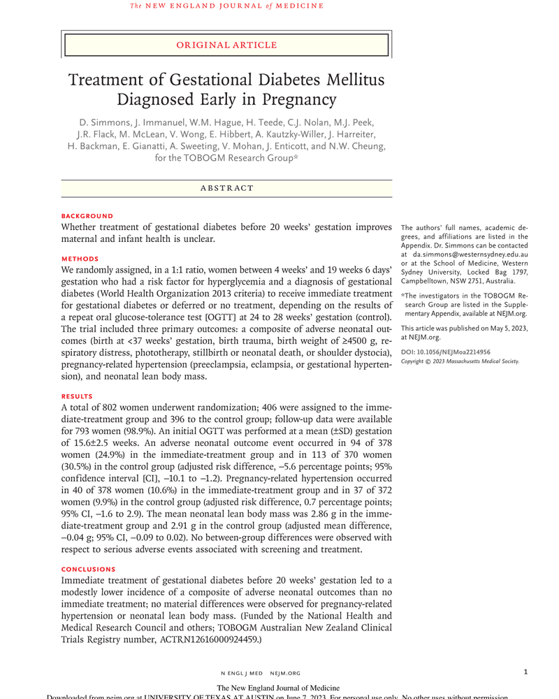 TREATMENT OF GESTATIONAL DIABETES MELLITUS DIAGNOSED EARLY IN PREGNANCY cover
