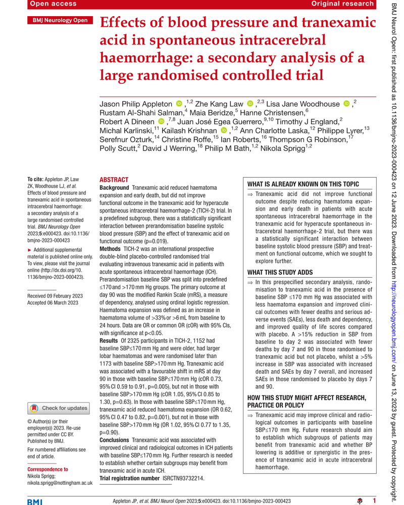 EFFECTS OF BLOOD PRESSURE AND TRANEXAMIC ACID IN SPONTANEOUS INTRACEREBRAL HAEMORRHAGE: A SECONDARY ANALYSIS OF A LARGE RANDOMISED CONTROLLED TRIAL cover