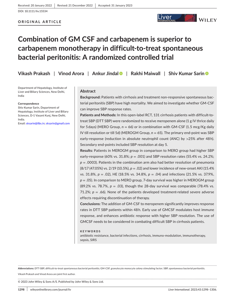 Combination of GM CSF and carbapenem is superior to carbapenem monotherapy in difficult- to- treat spontaneous bacterial peritonitis: A randomized controlled trial cover