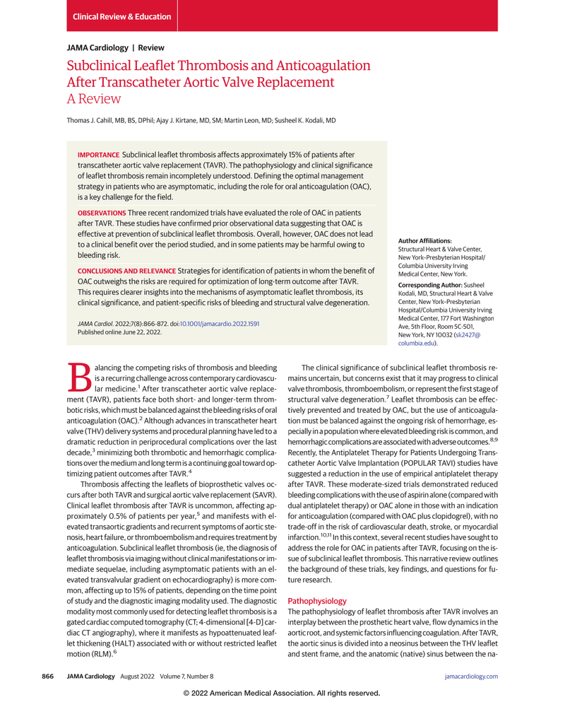 SUBCLINICAL LEAFLET THROMBOSIS AND ANTICOAGULATION AFTER TRANSCATHETER AORTIC VALVE REPLACEMENT cover