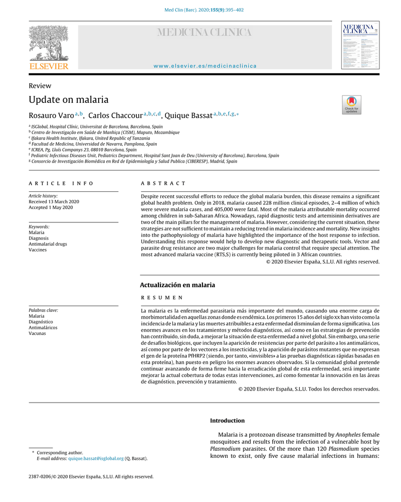 UPDATE ON MALARIA cover