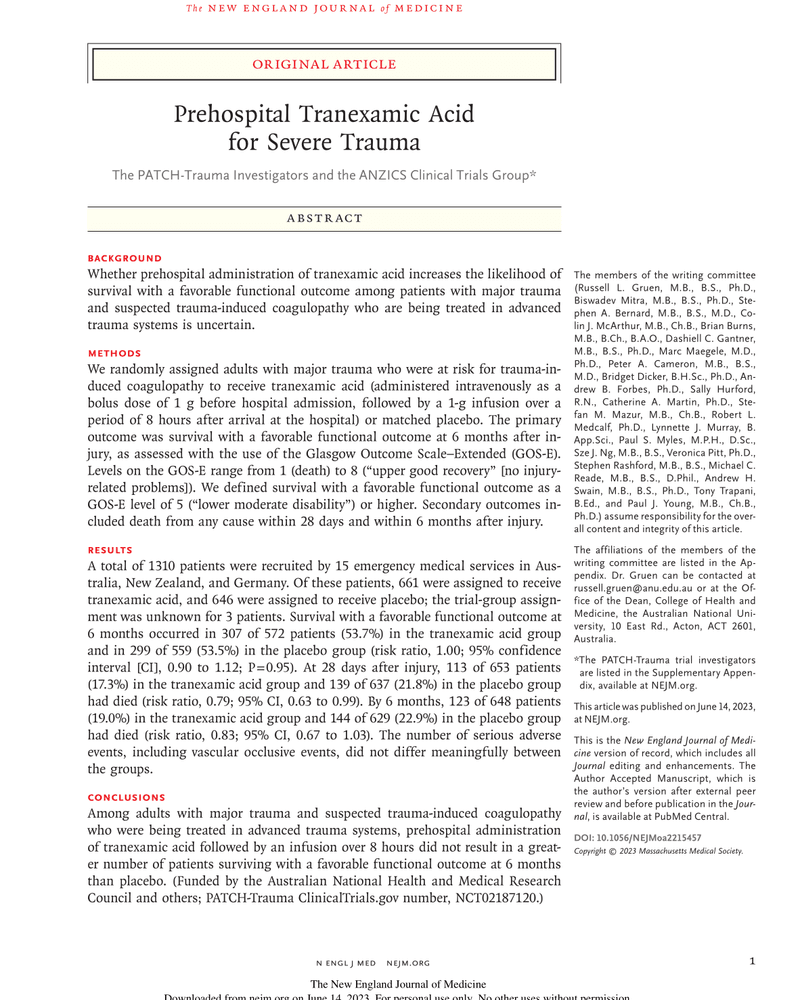 PREHOSPITAL TRANEXAMIC ACID FOR SEVERE TRAUMA cover