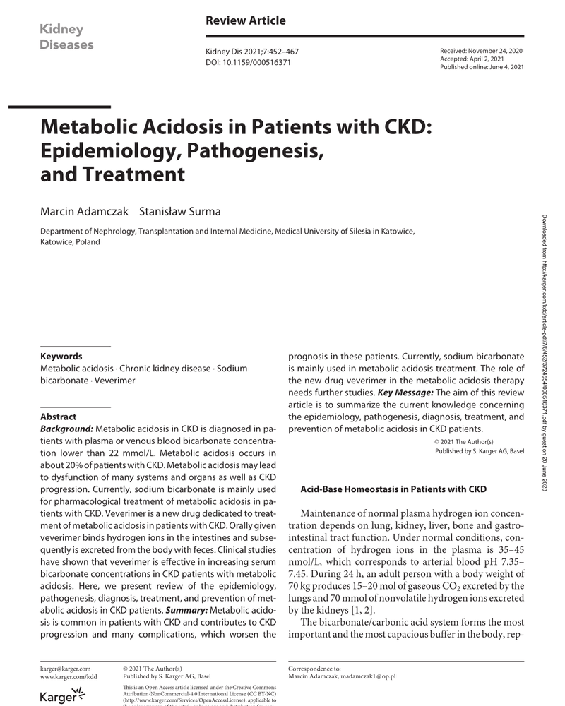 METABOLIC ACIDOSIS IN PATIENTS WITH CKD: EPIDEMIOLOGY, PATHOGENESIS cover