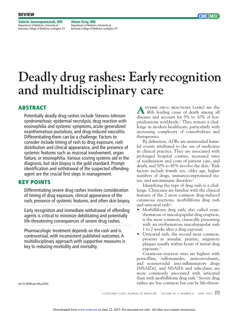 DEADLY DRUG RASHES: EARLY RECOGNITION AND MULTIDISCIPLINARY CARE cover