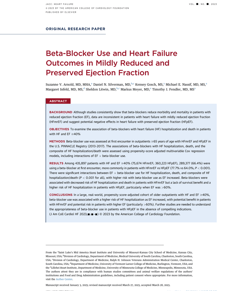 Beta-Blocker Use and Heart Failure Outcomes in Mildly Reduced and Preserved Ejection Fraction cover