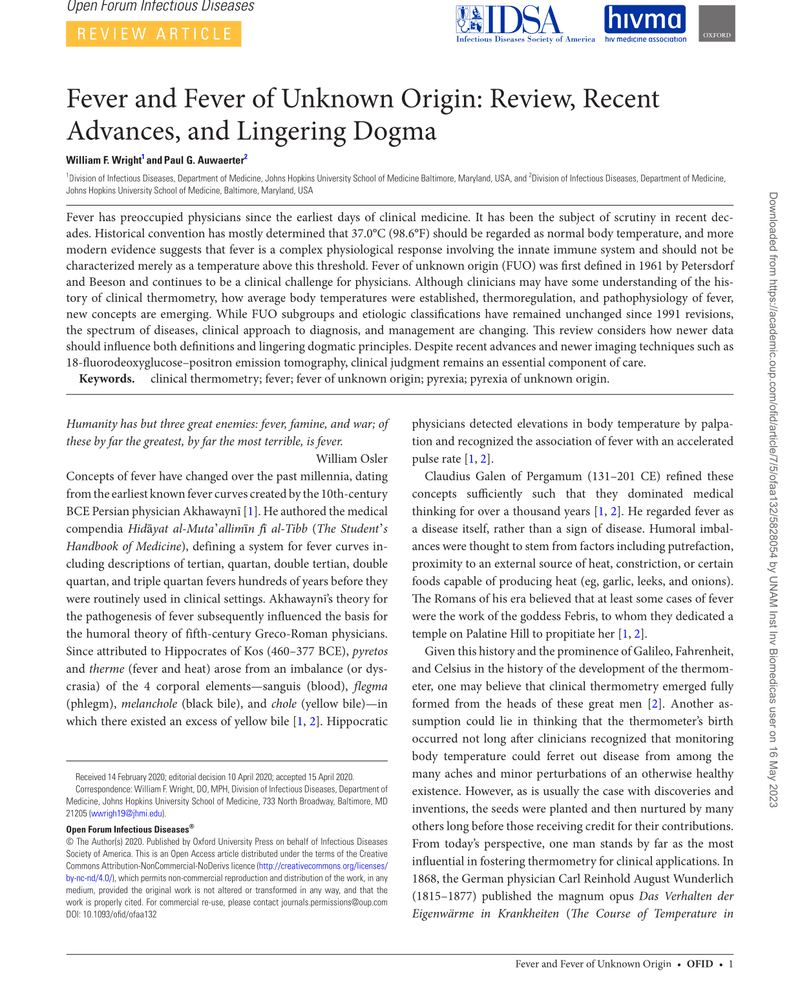 FEVER AND FEVER OF UNKNOWN ORIGIN: REVIEW, RECENT ADVANCES, AND LINGERING DOGMA cover