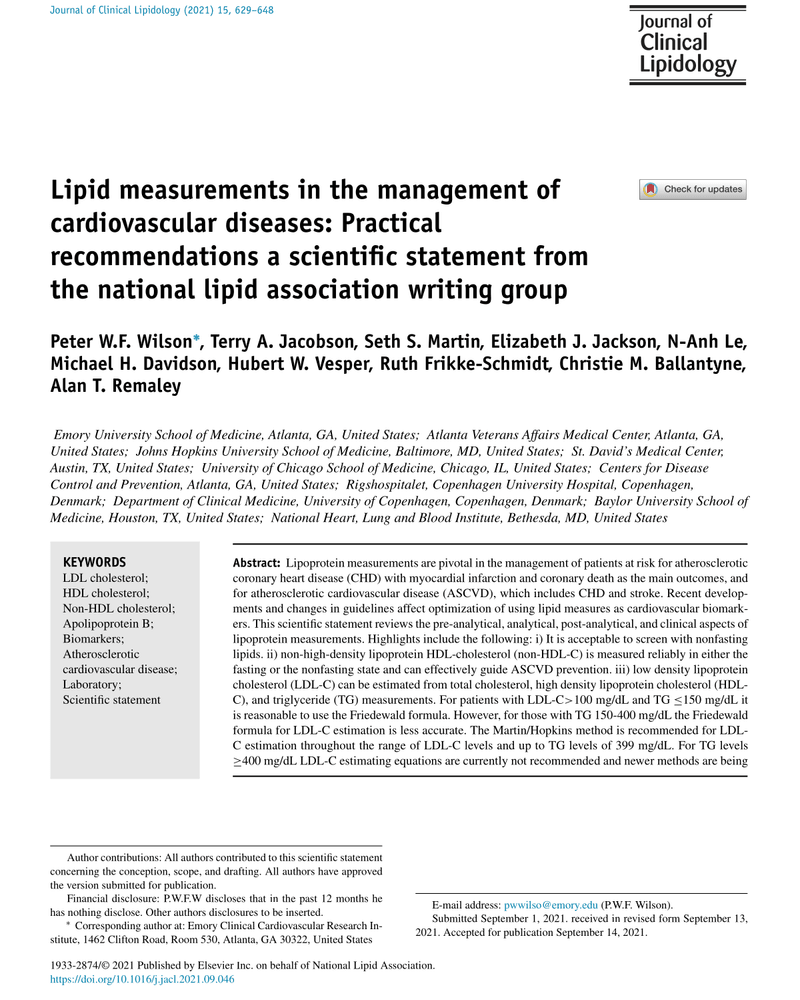 LIPID MEASUREMENTS IN THE MANAGEMENT OF CARDIOVASCULAR DISEASES: PRACTICAL RECOMMENDATIONS cover