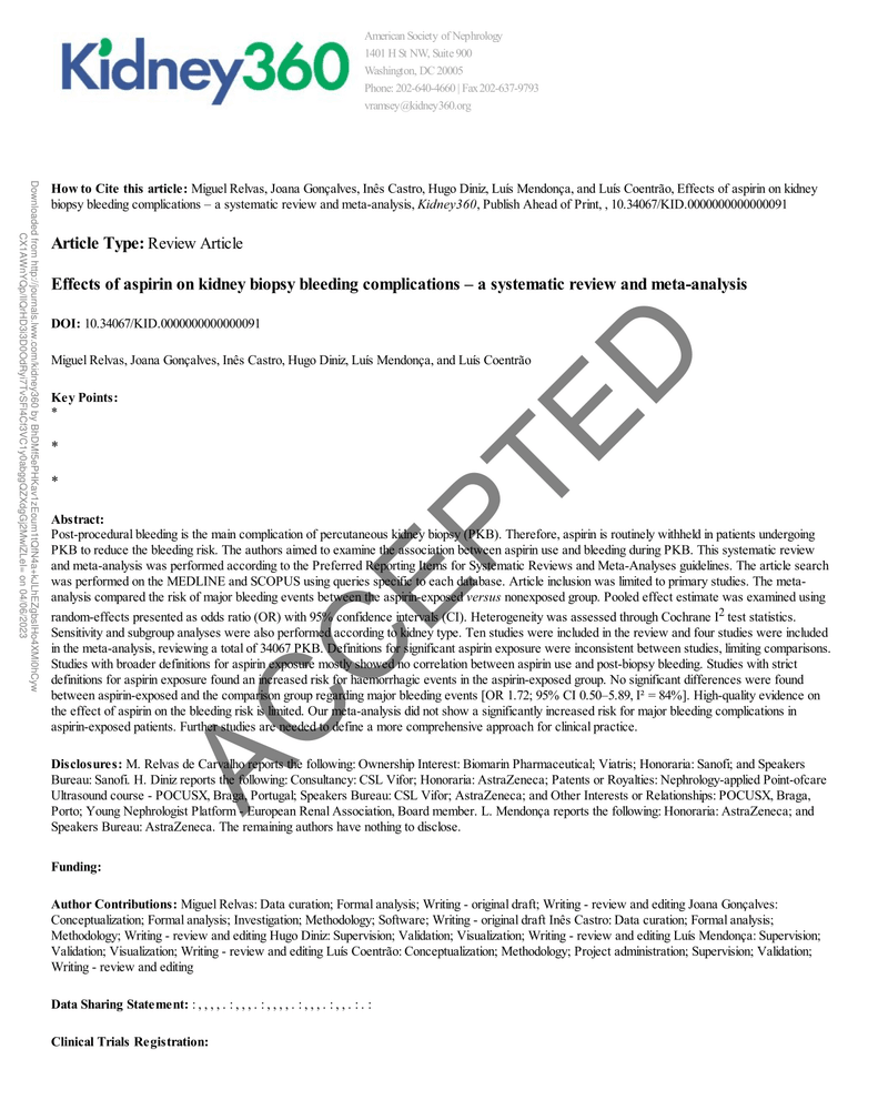EFFECTS OF ASPIRIN ON KIDNEY BIOPSY BLEEDING COMPLICATIONS – A SYSTEMATIC REVIEW AND META-ANALYSIS cover