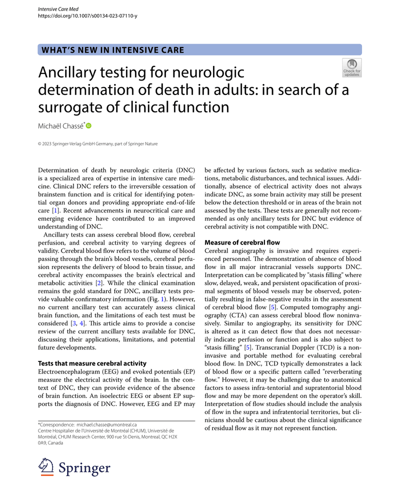 ANCILLARY TESTING FOR NEUROLOGIC DETERMINATION OF DEATH IN ADULTS: IN SEARCH OF A SURROGATE OF CLINICAL FUNCTION cover