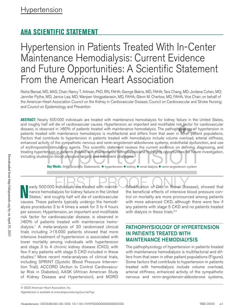 Hypertension in Patients Treated With In-Center Maintenance Hemodialysis: Current Evidence and Future Opportunities: A Scientific Statement From the American Heart Association cover
