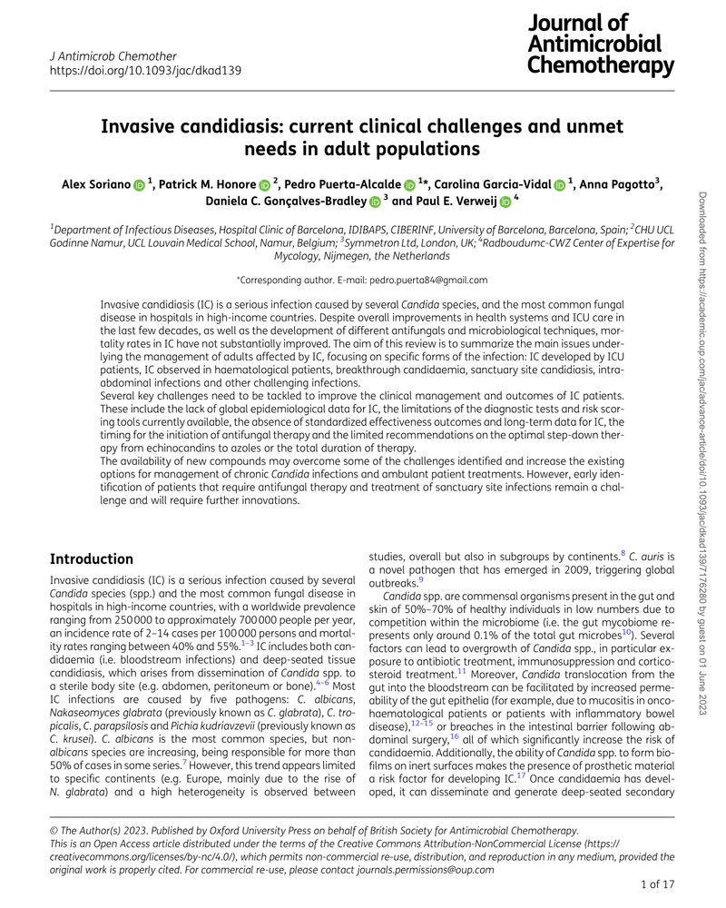 INVASIVE CANDIDIASIS: CURRENT CLINICAL CHALLENGES AND UNMET NEEDS IN ADULT POPULATIONS cover