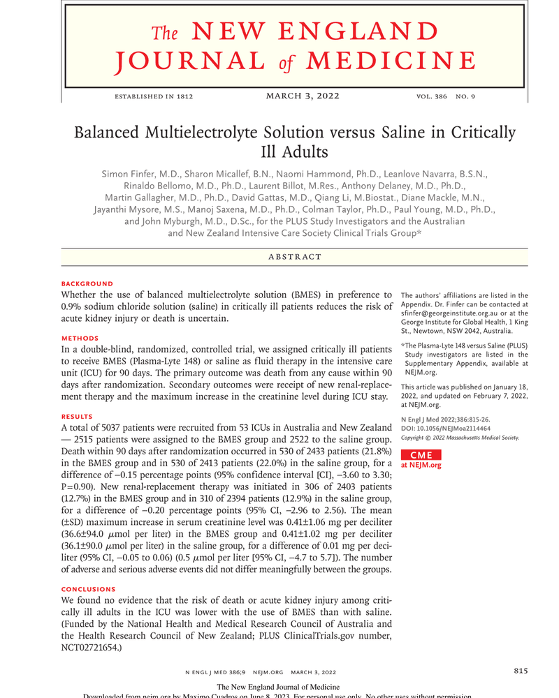 BALANCED MULTIELECTROLYTE SOLUTION VERSUS SALINE IN CRITICALLY ILL ADULTS cover
