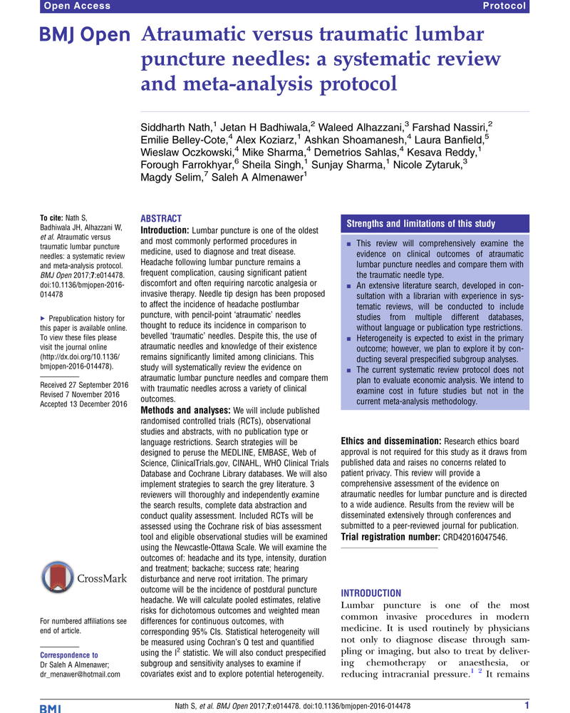 ATRAUMATIC VERSUS TRAUMATIC LUMBAR PUNCTURE NEEDLES: A SYSTEMATIC REVIEW AND META-ANALYSIS PROTOCOL cover
