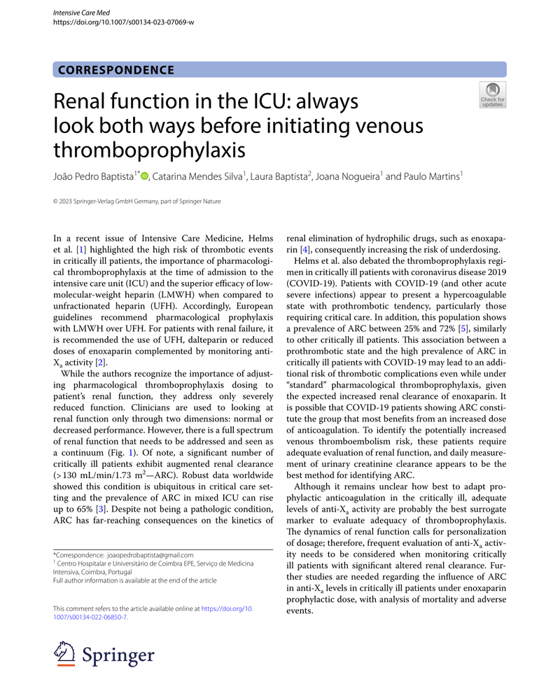 RENAL FUNCTION IN THE ICU: ALWAYS LOOK BOTH WAYS BEFORE INITIATING VENOUS THROMBOPROPHYLAXIS cover