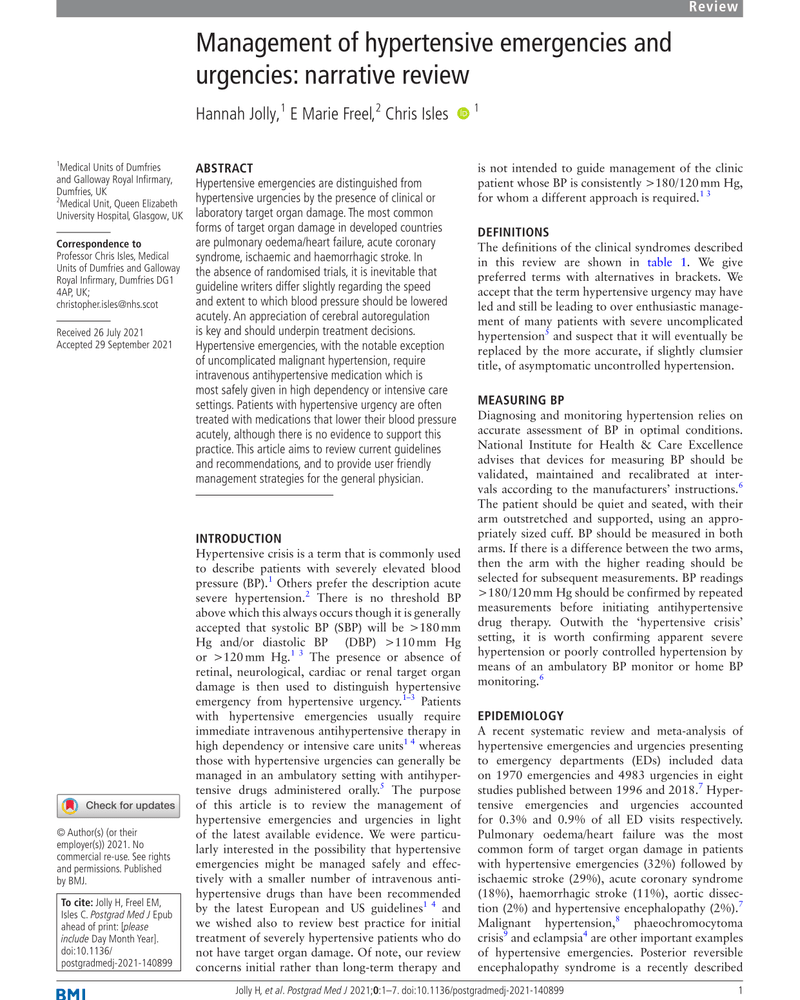 MANAGEMENT OF HYPERTENSIVE EMERGENCIES AND URGENCIES: NARRATIVE REVIEW cover