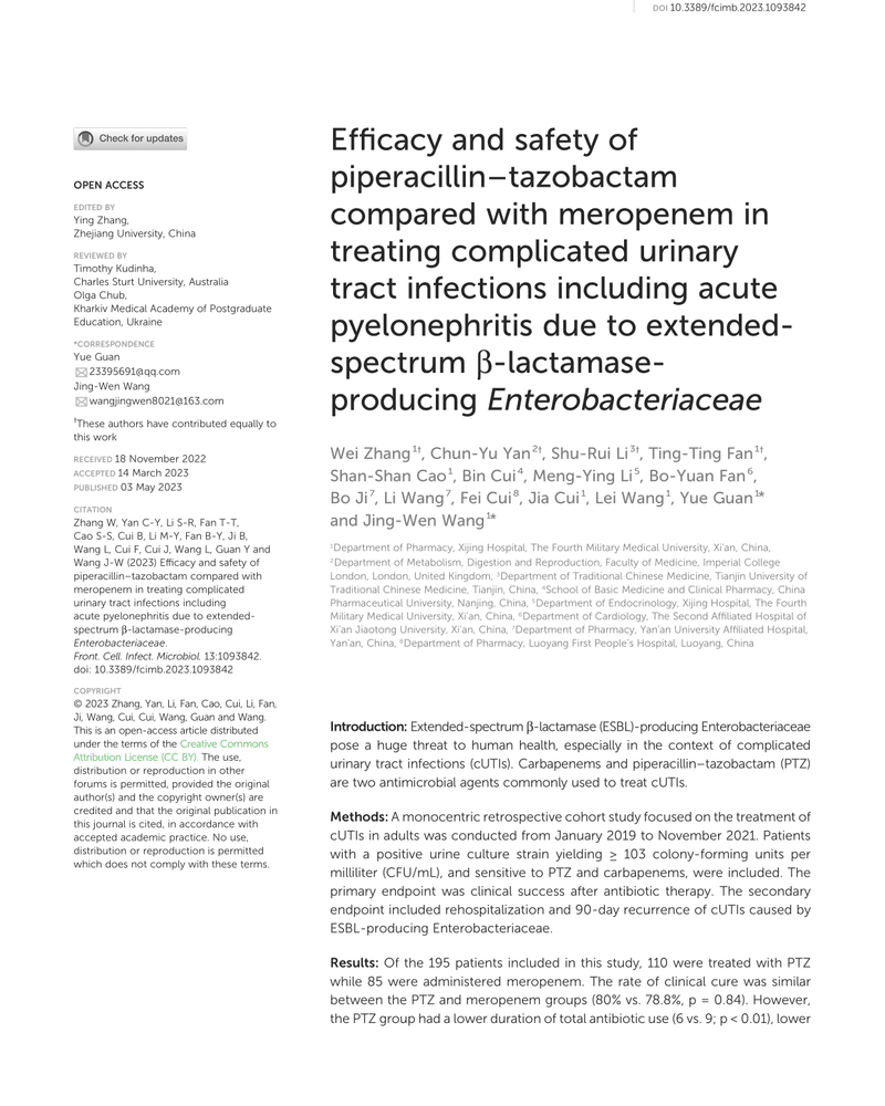 EFFICACY AND SAFETY OF PIPERACILLIN-TAZOBACTAM COMPARED WITH MEROPENEM IN TREATING COMPLICATED URINARY TRACT INFECTIONS INCLUDING ACUTE PYELONEPHRITIS DUE TO EXTENDED-SPECTRUM β-LACTAMASE-PRODUCING ENTEROBACTERIACEAE cover