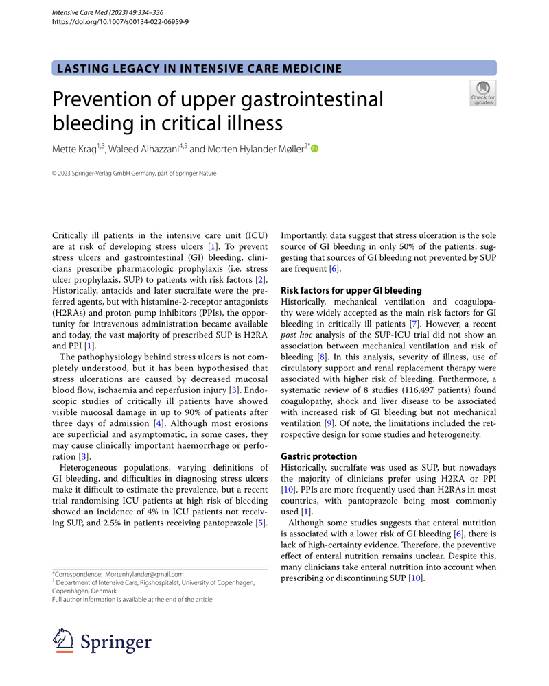 PREVENTION OF UPPER GASTROINTESTINAL BLEEDING IN CRITICAL ILLNESS cover