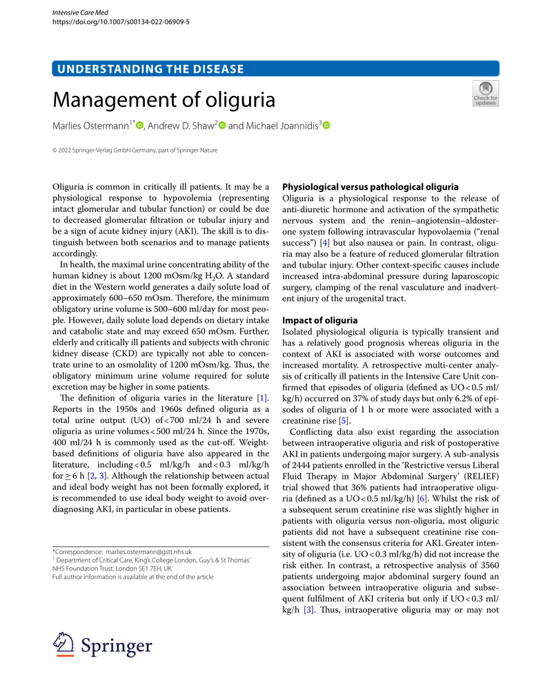 MANAGEMENT OF OLIGURIA cover