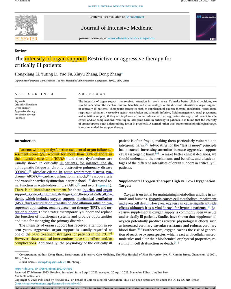 THE INTENSITY OF ORGAN SUPPORT: RESTRICTIVE OR AGGRESSIVE THERAPY FOR CRITICALLY ILL PATIENTS cover