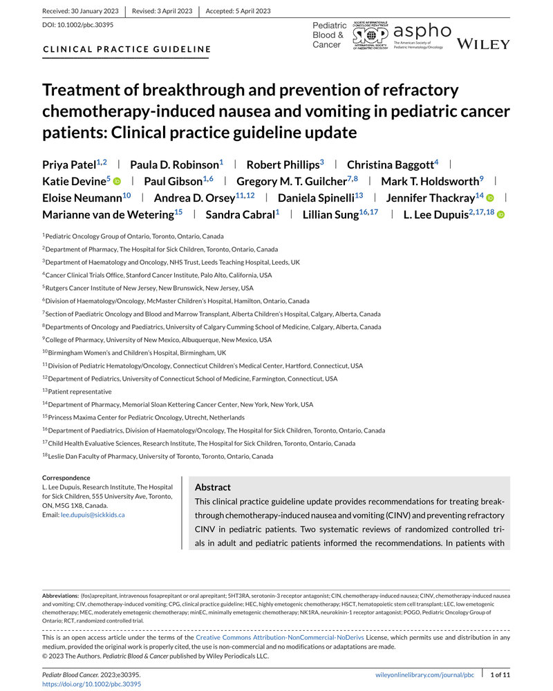 TREATMENT OF BREAKTHROUGH AND PREVENTION OF REFRACTORY CHEMOTHERAPY-INDUCED NAUSEA AND VOMITING IN PEDIATRIC CANCER PATIENTS: CLINICAL PRACTICE GUIDELINE UPDATE cover
